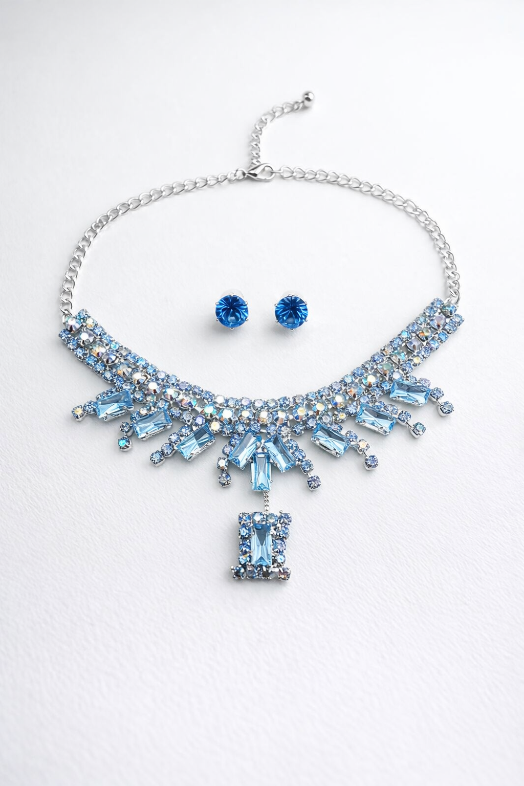 Elegant Blue Crystal Choker Necklace Set with Stud Earrings