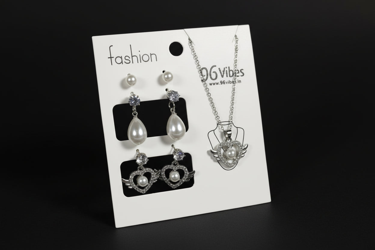 Elegant Silver Pearl Jewelry Set with Heart Pendant & Earrings