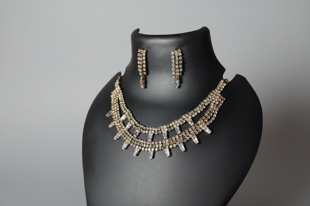 Luxury Gold Crystal Layered Necklace Set with Drop Earrings