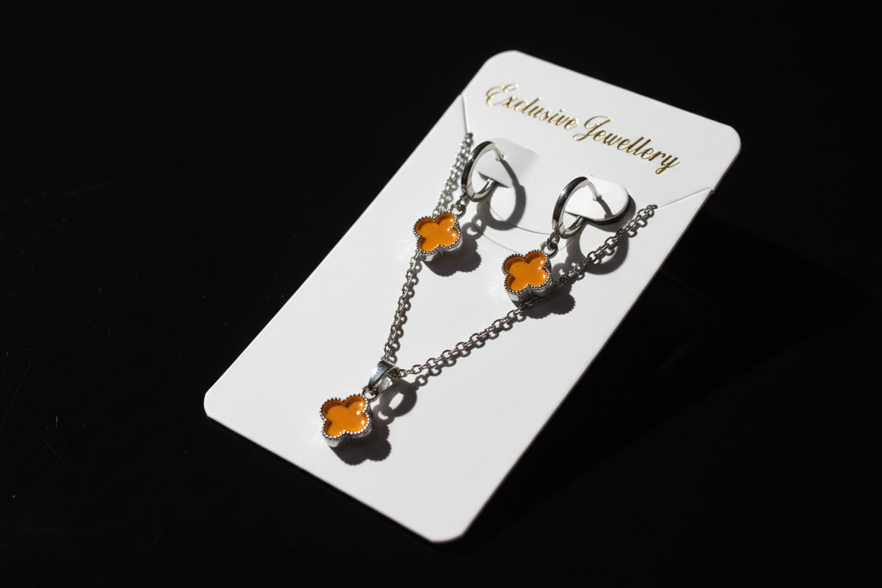Elegant Silver Clover Pendant Necklace & Earring Set – Orange Enamel Finish