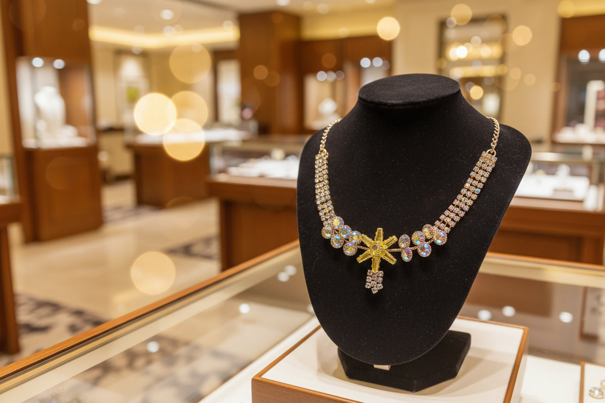 Royal Blue Starburst Crystal Necklace with Gold-Tone Finish with Studs