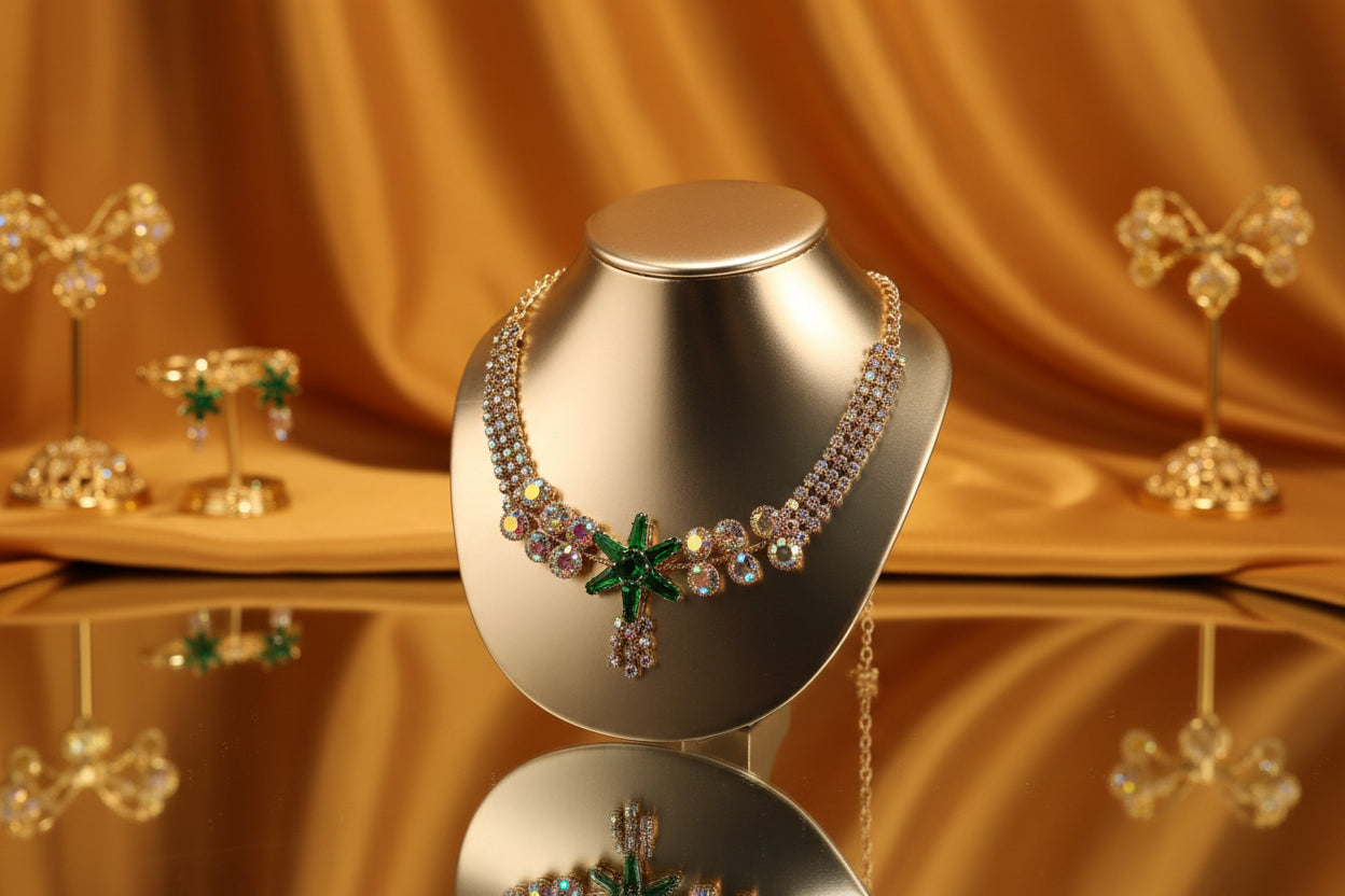 Royal Blue Starburst Crystal Necklace with Gold-Tone Finish with Studs