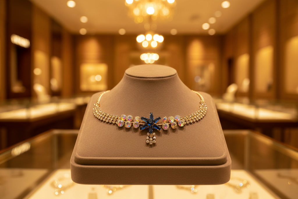 Royal Blue Starburst Crystal Necklace with Gold-Tone Finish with Studs