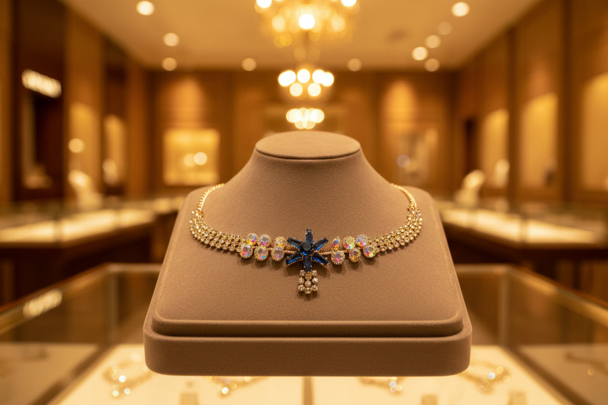 Royal Blue Starburst Crystal Necklace with Gold-Tone Finish with Studs