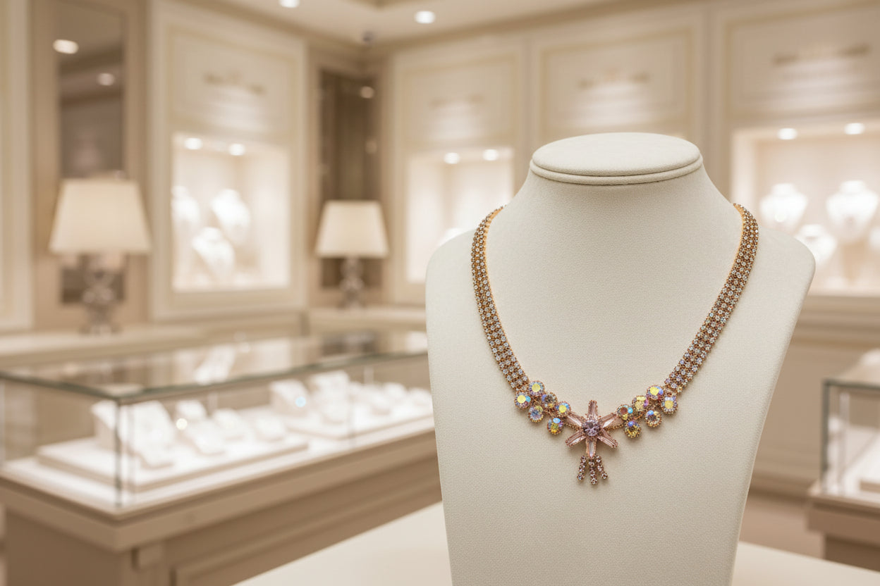 Royal Blue Starburst Crystal Necklace with Gold-Tone Finish with Studs