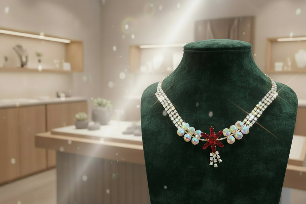 Royal Blue Starburst Crystal Necklace with Gold-Tone Finish with Studs