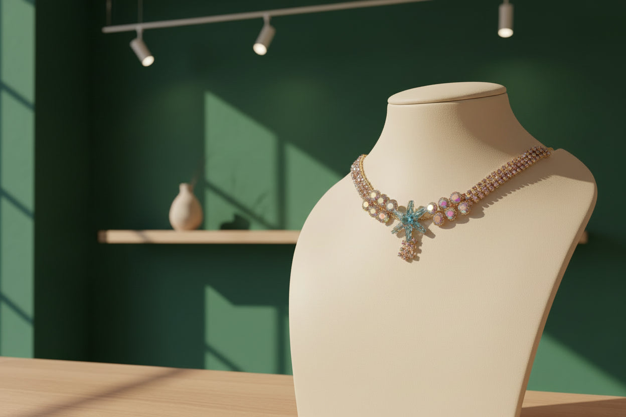 Royal Blue Starburst Crystal Necklace with Gold-Tone Finish with Studs