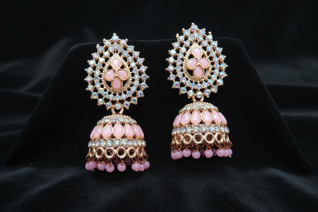 Blush Pink Crystal-Studded Kundan Jhumka Earrings
