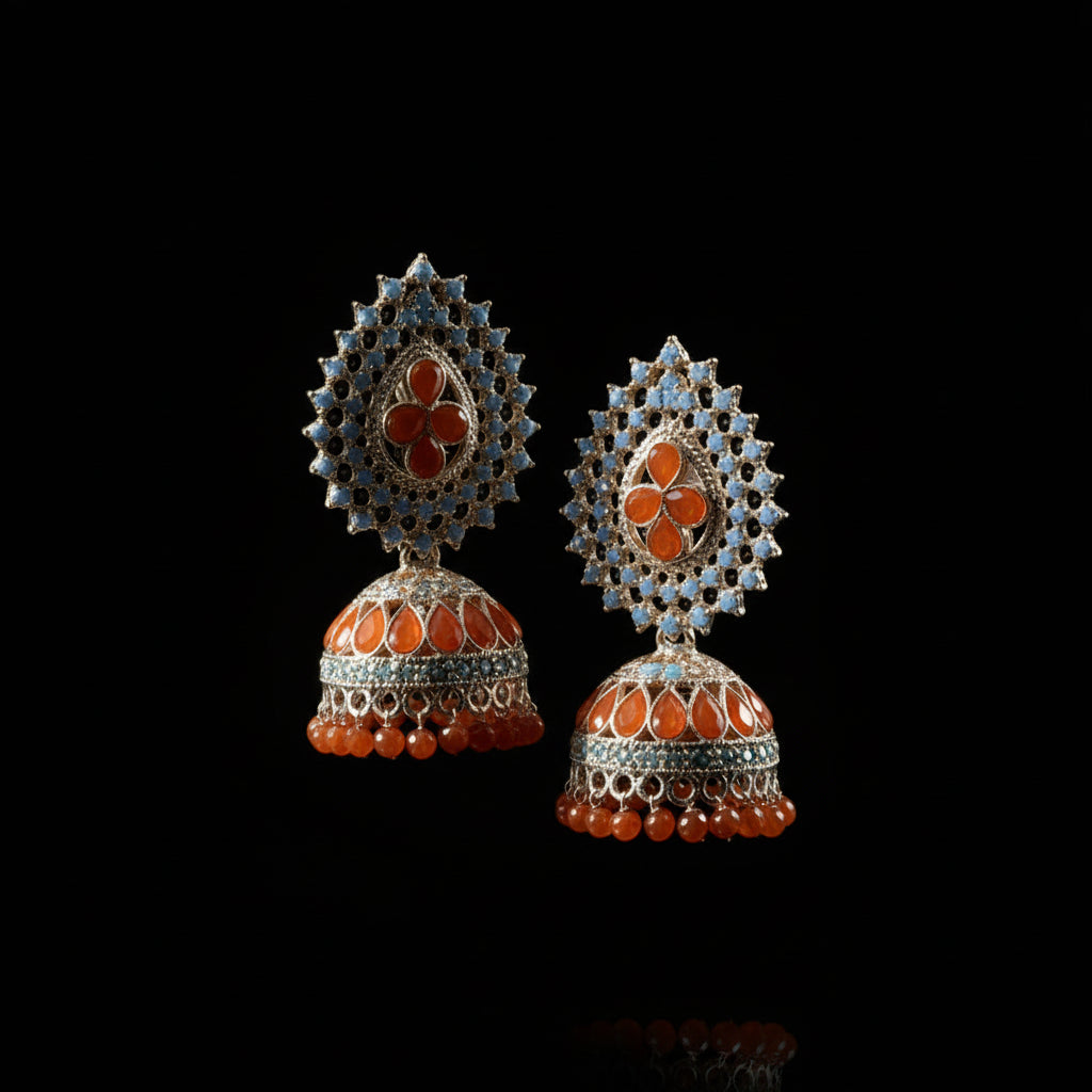 Royal Orange Kundan Jhumka Earrings – Gold Plated Traditional Statement Jewelry