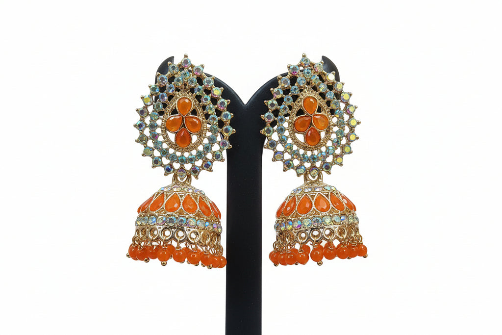 Royal Orange Kundan Jhumka Earrings – Gold Plated Traditional Statement Jewelry