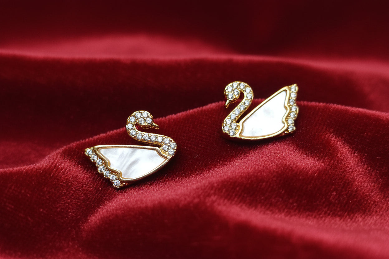 Swan Stud Earrings – Gold Plated with Crystal Detailing
