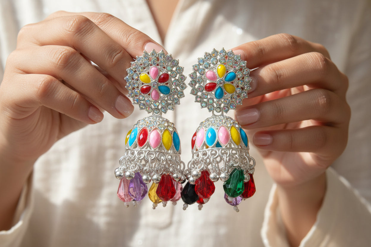 Vibrant Multicolor Stone Jhumka Earrings with Silver Finish