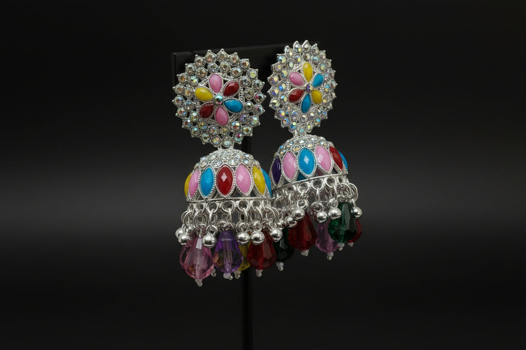 Vibrant Multicolor Stone Jhumka Earrings with Silver Finish