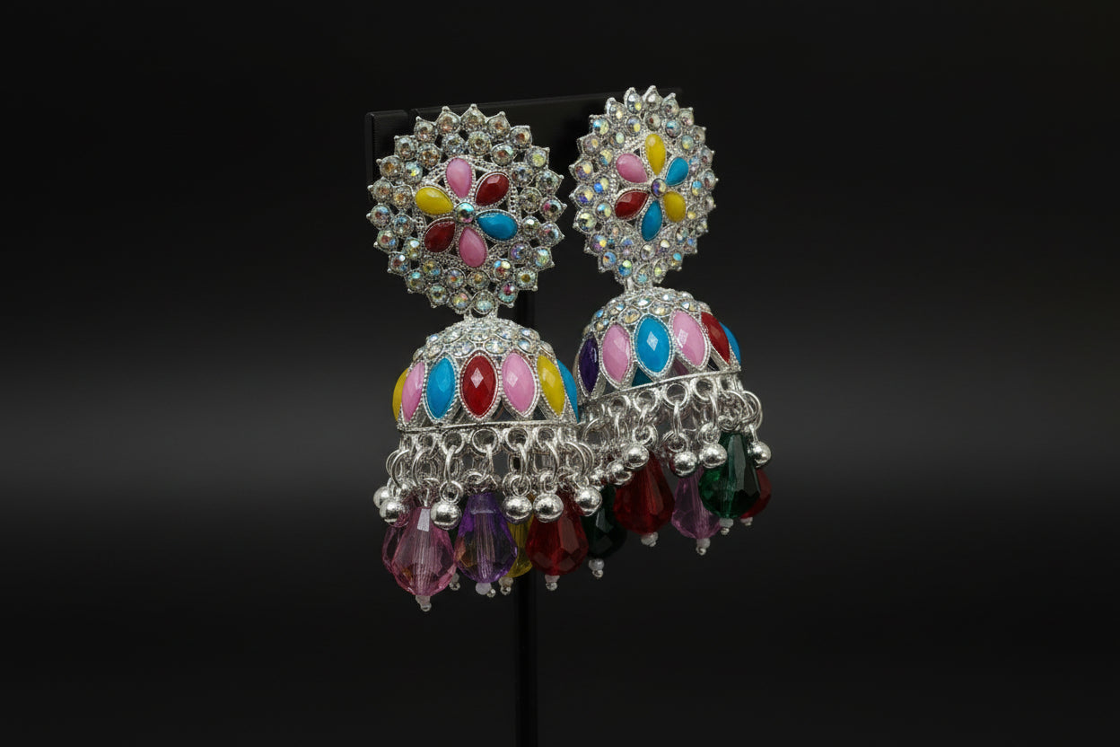 Vibrant Multicolor Stone Jhumka Earrings with Silver Finish
