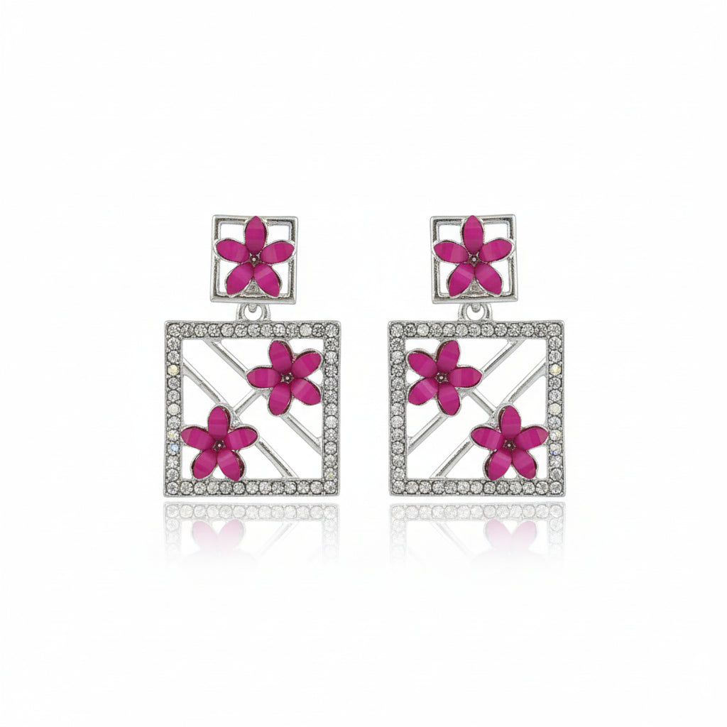 Modern Red Floral Square Drop Earrings with Crystal Border