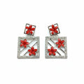 Modern Red Floral Square Drop Earrings with Crystal Border