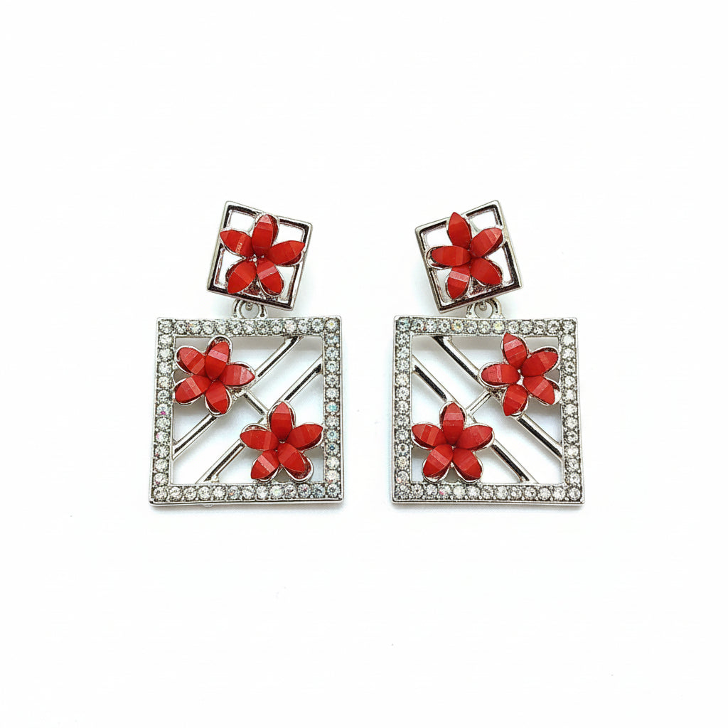 Modern Red Floral Square Drop Earrings with Crystal Border