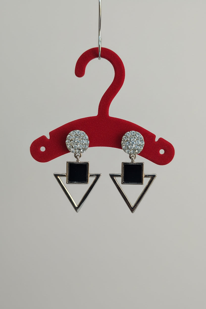 Stylish Black and Silver Triangle Shape Earrings with Crystal Studs