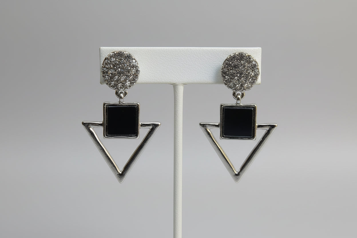 Stylish Black and Silver Triangle Shape Earrings with Crystal Studs