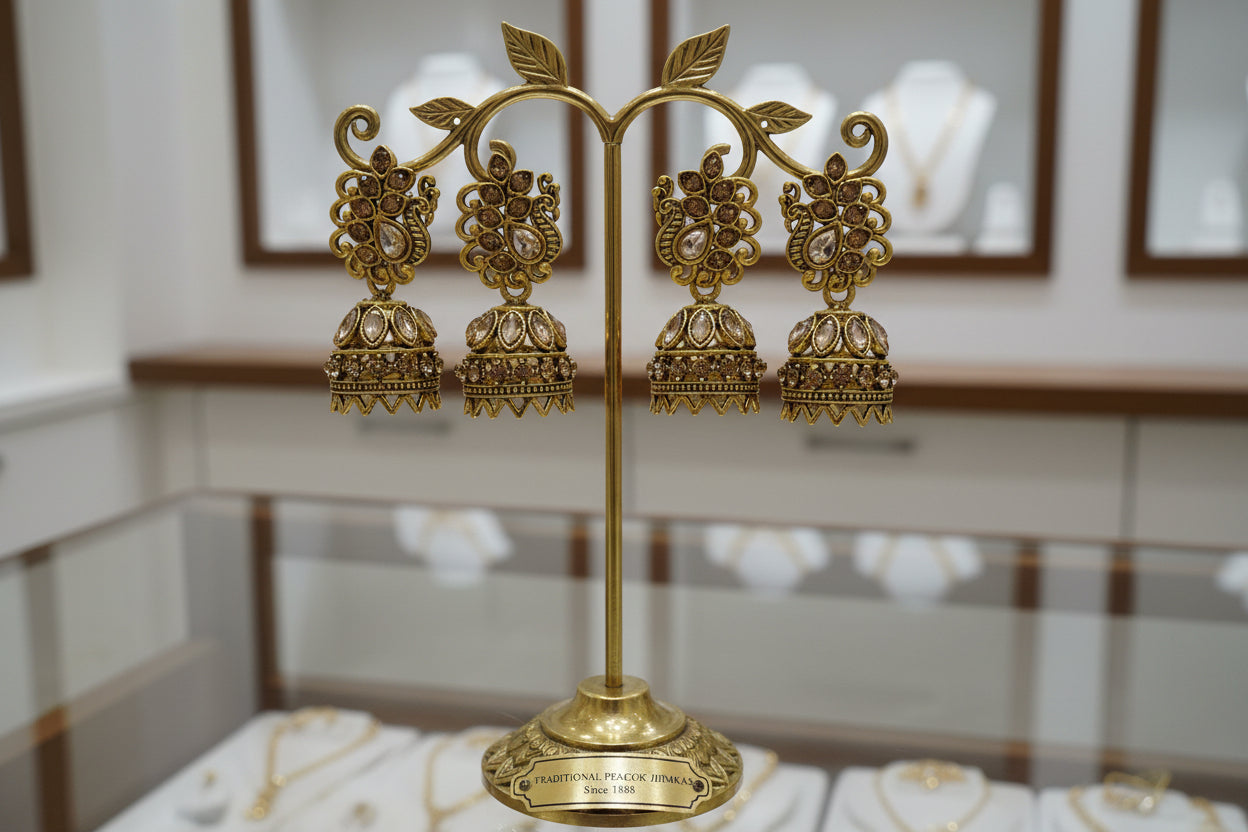 Traditional Peacock Gold-Plated Kundan Jhumka Earrings with Intricate Detailing