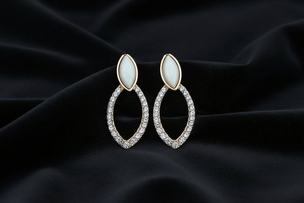 Elegant White Stone Oval Hoop Earrings with Crystal Detailing