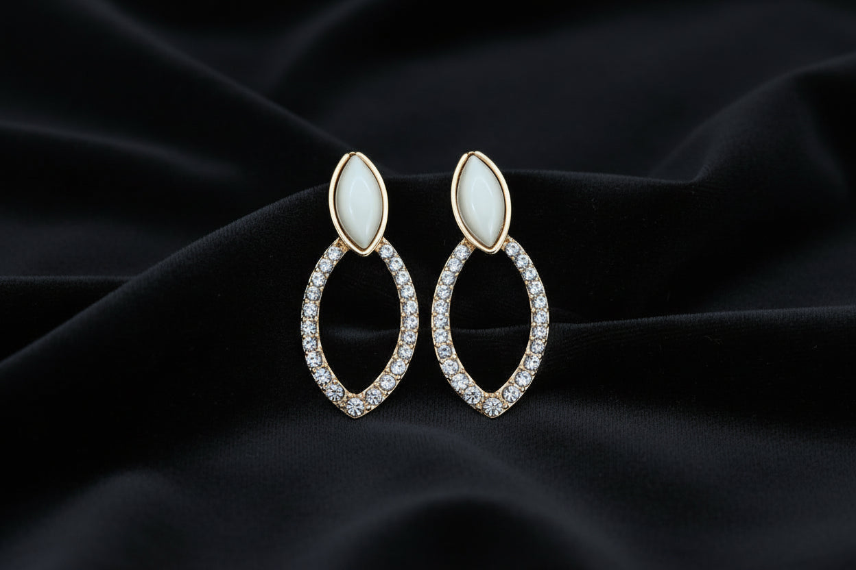 Elegant White Stone Oval Hoop Earrings with Crystal Detailing