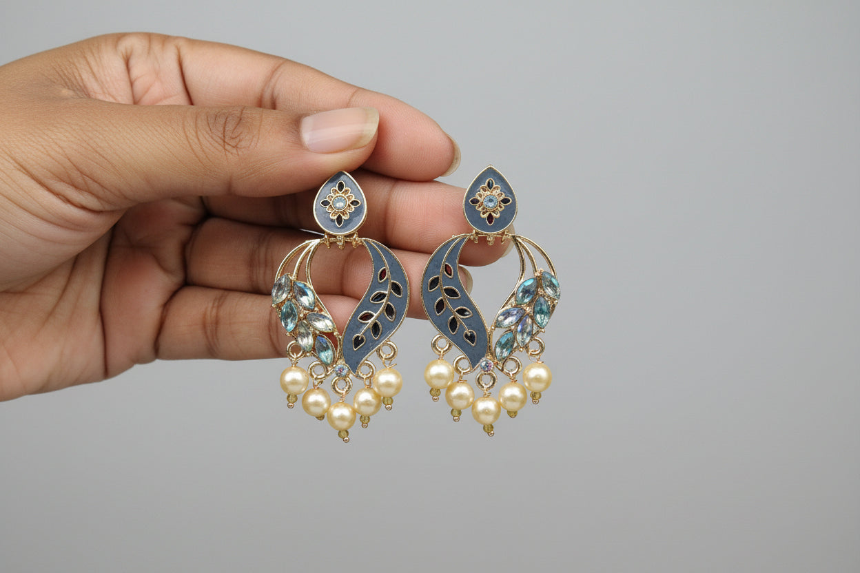 Elegant  Enamel Drop Earrings with Pearl and Crystal Detailing