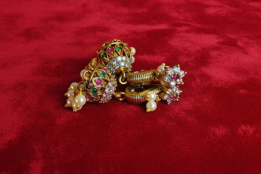 Gold-Plated Pearl Jhumka Earrings with Multicolor Stone Detailing