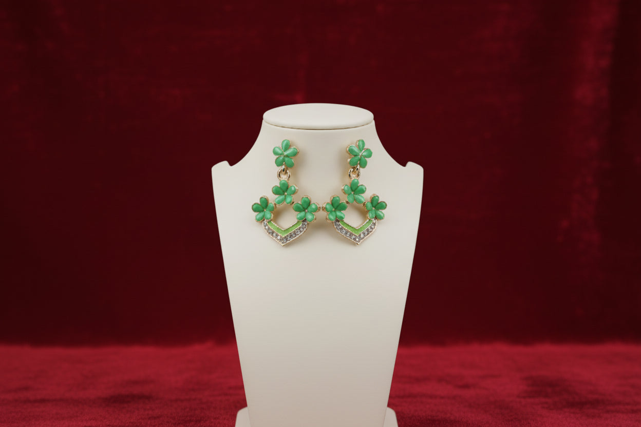 Mint Green Floral Drop Earrings with Crystal Detailing