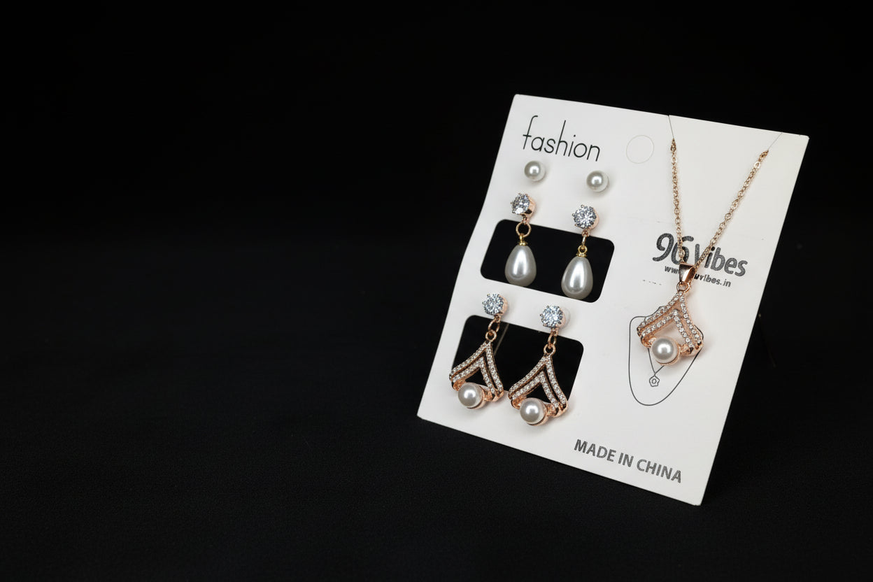 Elegant Silver Pearl Jewelry Set with Heart Pendant & Earrings