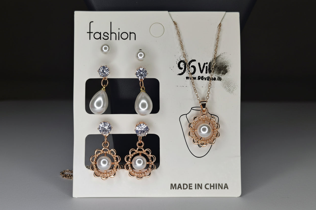 Elegant Silver Pearl Jewelry Set with Heart Pendant & Earrings