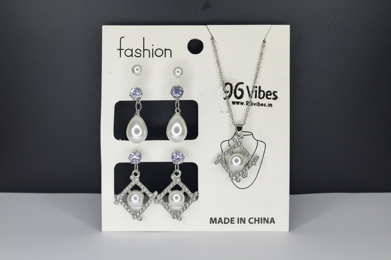 Elegant Silver Pearl Jewelry Set with Heart Pendant & Earrings