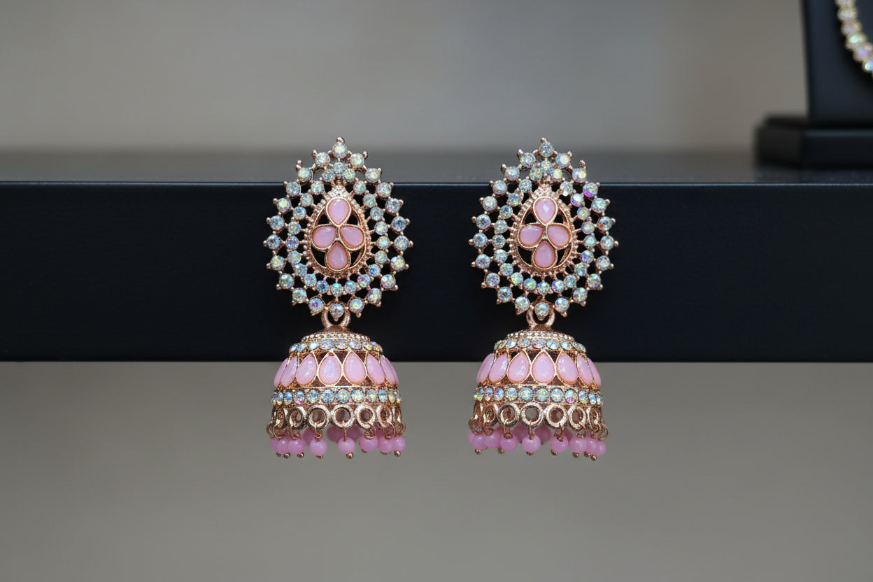 Blush Pink Crystal-Studded Kundan Jhumka Earrings
