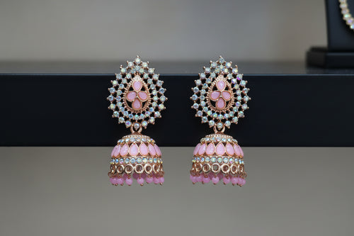 Blush Pink Crystal-Studded Kundan Jhumka Earrings