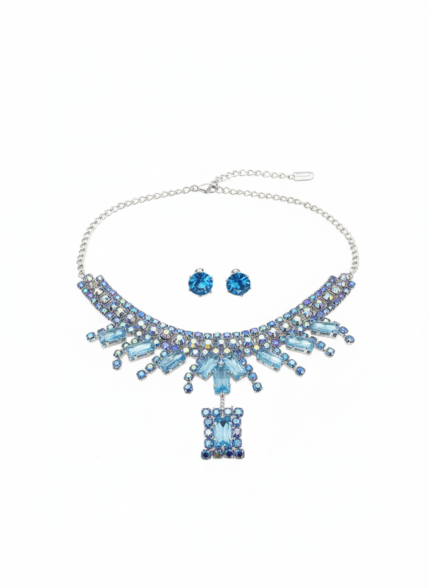 Elegant Blue Crystal Choker Necklace Set with Stud Earrings