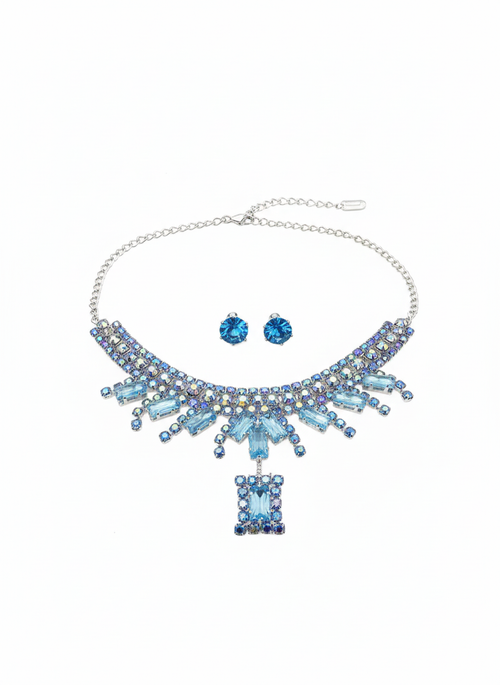 Elegant Blue Crystal Choker Necklace Set with Stud Earrings