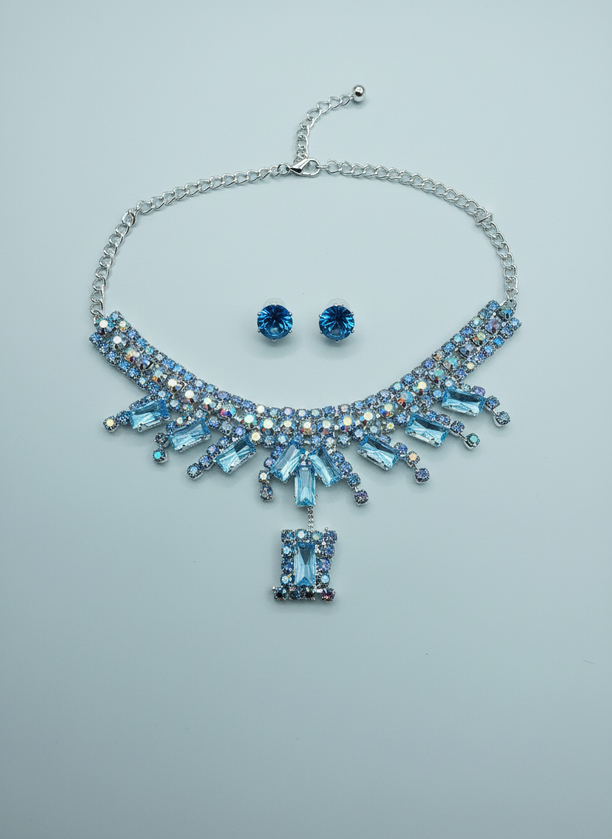 Elegant Blue Crystal Choker Necklace Set with Stud Earrings